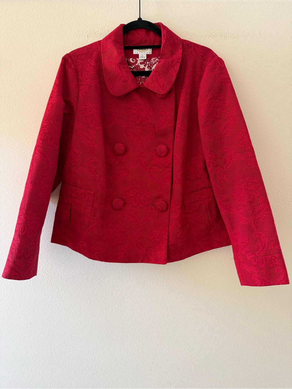 Talbots Red Floral Jacquard Double-Breasted Peacoat